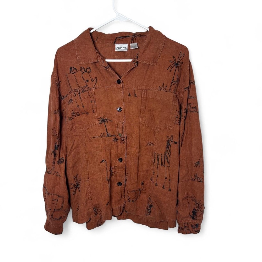 Chico's Womens Animal Print Linen Shirt Size 3 Rust Long Sleeve Button Front Top